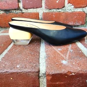 Carrano black leather heels, size 9, low,lucite heel.